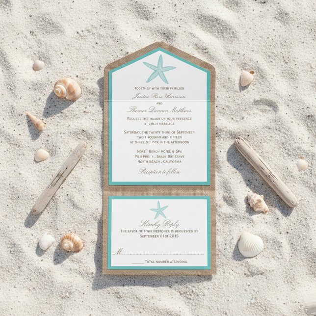Turquoise Starfish Burlap Beach Wedding Collection All In One Invitation (Creator Uploaded)