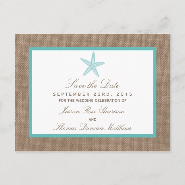 Turquoise Starfish Burlap Beach Wedding Collection Announcement Postcard (Front)