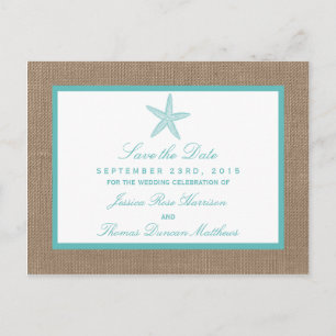 Turquoise Starfish Burlap Beach Wedding Collection Announcement Postcard