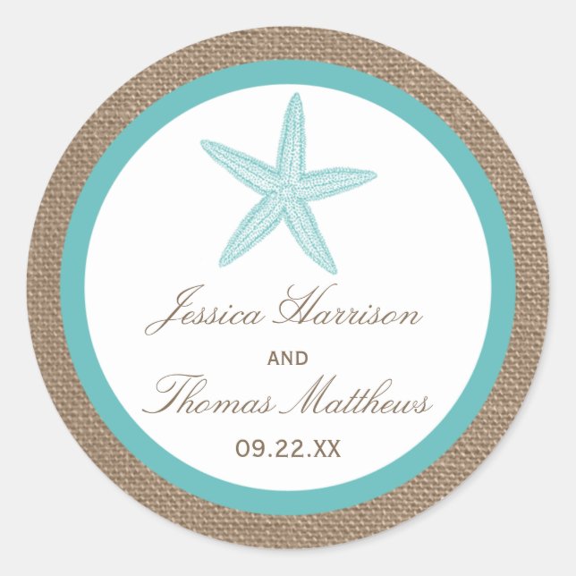 Turquoise Starfish Burlap Beach Wedding Collection Classic Round Sticker (Front)