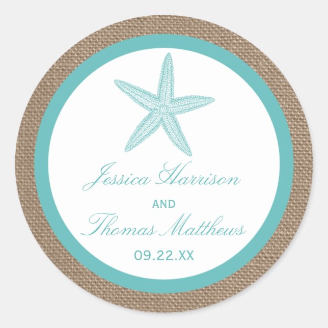 Turquoise Starfish Burlap Beach Wedding Collection Classic Round Sticker (Front)