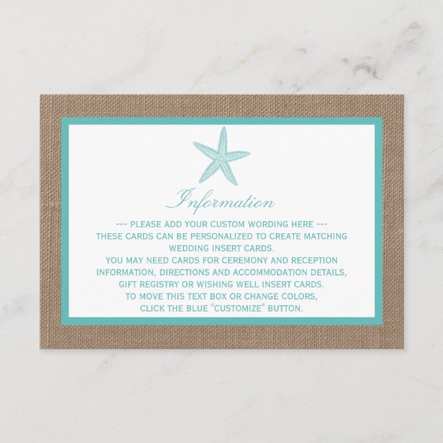Turquoise Starfish Burlap Beach Wedding Collection Enclosure Card (Front)