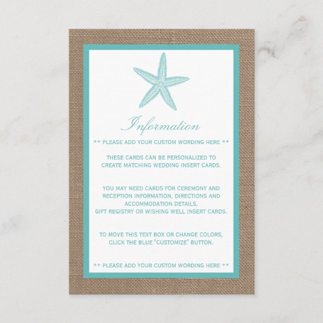 Turquoise Starfish Burlap Beach Wedding Collection Enclosure Card (Front)