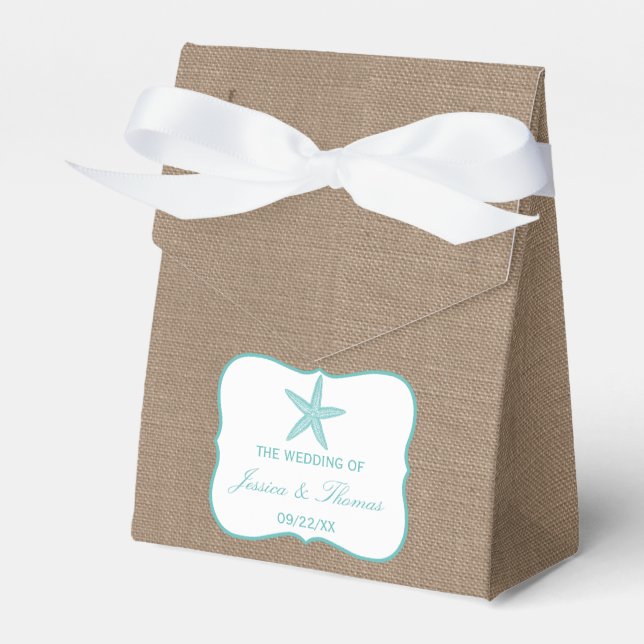 Turquoise Starfish Burlap Beach Wedding Collection Favour Box (Front Side)