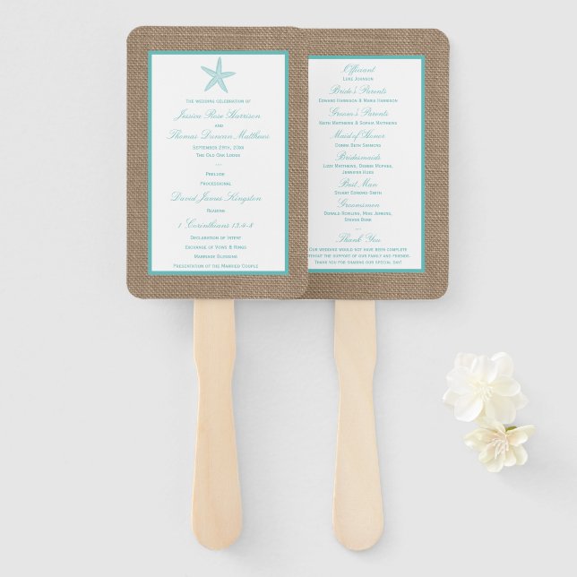 Turquoise Starfish Burlap Beach Wedding Collection Hand Fan (Front and Back)