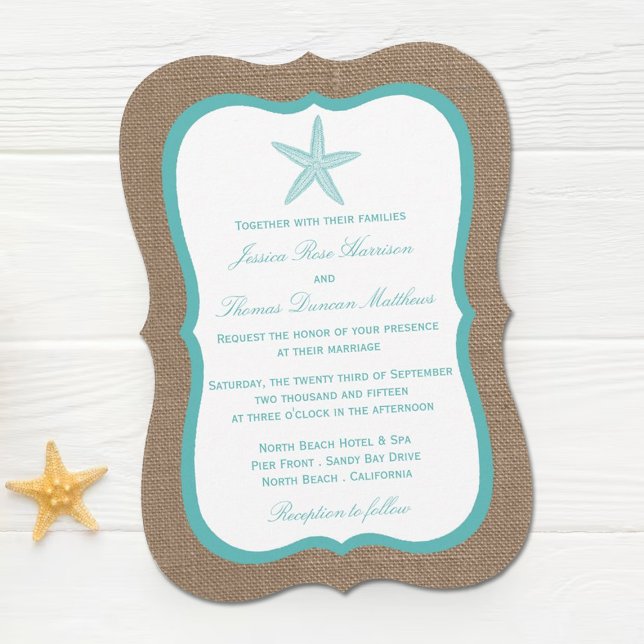 Turquoise Starfish Burlap Beach Wedding Collection Invitation (Creator Uploaded)