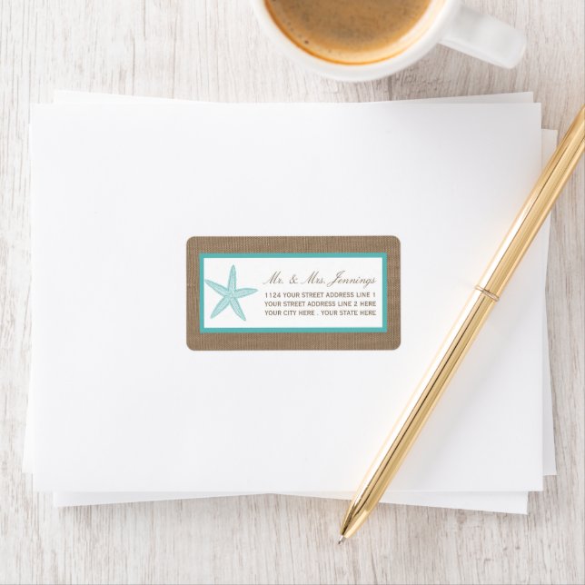 Turquoise Starfish Burlap Beach Wedding Collection Label (Insitu)