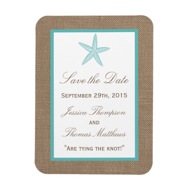 Turquoise Starfish Burlap Beach Wedding Collection Magnet (Vertical)