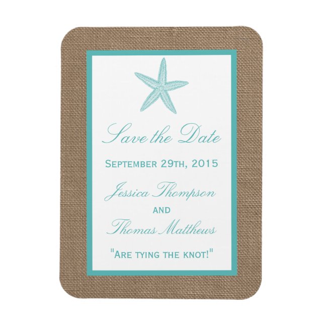 Turquoise Starfish Burlap Beach Wedding Collection Magnet (Vertical)