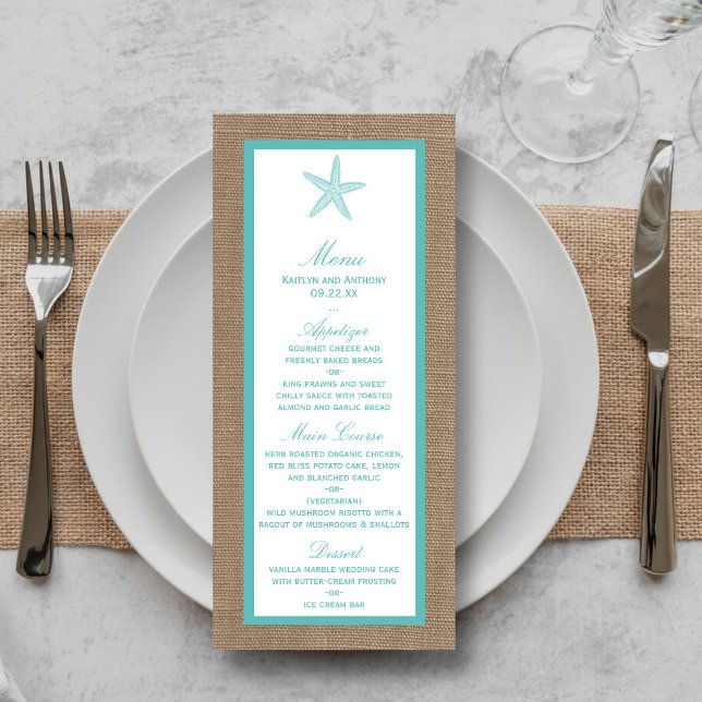 Turquoise Starfish Burlap Beach Wedding Collection Menu (Creator Uploaded)