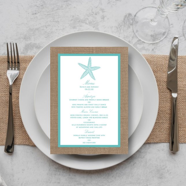 Turquoise Starfish Burlap Beach Wedding Collection Menu (Creator Uploaded)