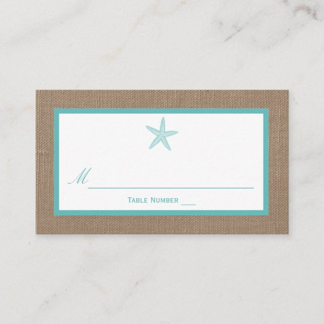 Turquoise Starfish Burlap Beach Wedding Collection Place Card (Front)