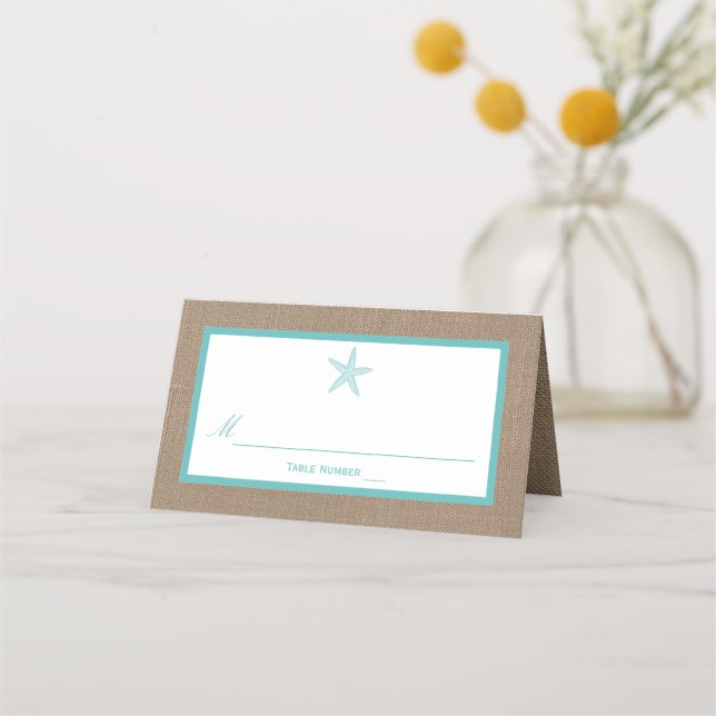 Turquoise Starfish Burlap Beach Wedding Collection Place Card (Front)