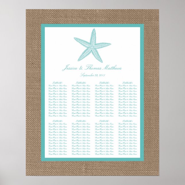 Turquoise Starfish Burlap Beach Wedding Collection Poster (Front)