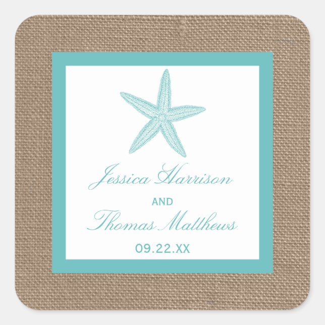 Turquoise Starfish Burlap Beach Wedding Collection Square Sticker (Front)