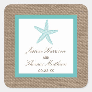 Turquoise Starfish Burlap Beach Wedding Collection Square Sticker