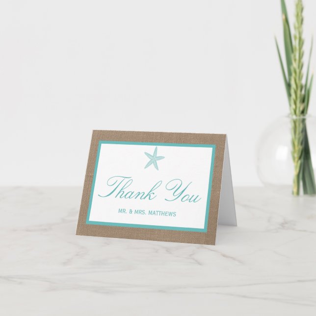 Turquoise Starfish Burlap Beach Wedding Collection Thank You Card (Front)