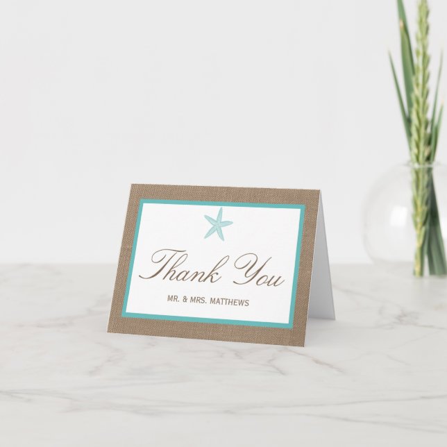 Turquoise Starfish Burlap Beach Wedding Collection Thank You Card (Front)