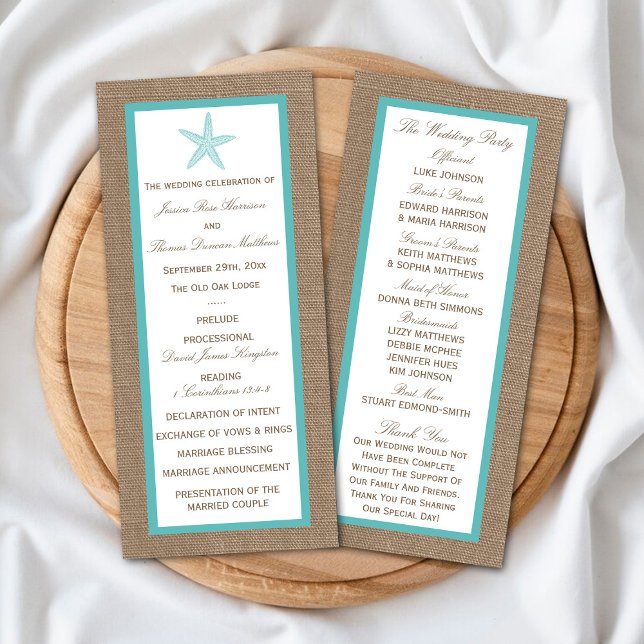 Turquoise Starfish Burlap Beach Wedding Program Rack Card (Creator Uploaded)