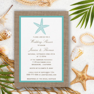 Turquoise Starfish On Burlap Beach Wedding Shower Invitation