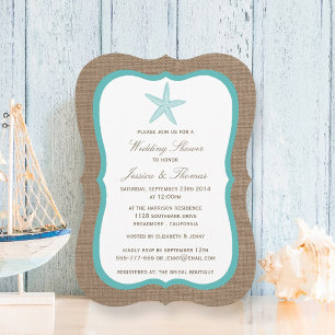 Turquoise Starfish On Burlap Beach Wedding Shower Invitation