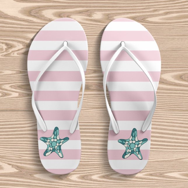 Turquoise Starfish Pink And White Stripes Kid's Flip Flops (Creator Uploaded)