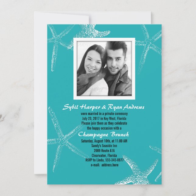Turquoise Starfish Wedding Photo Reception Invite (Front)