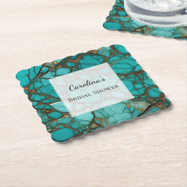 Turquoise Stones Bridal Shower Paper Coaster (Angled)