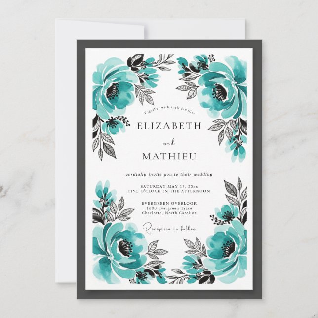 Turquoise Striking Floral Wedding Invitation (Front)