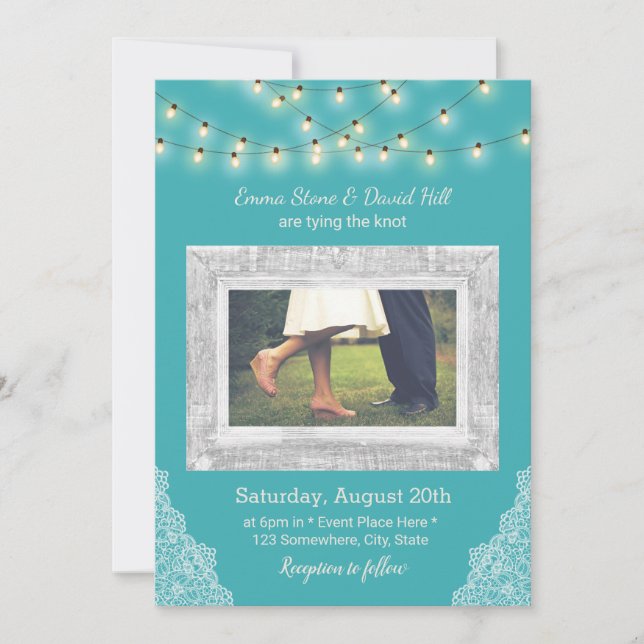 Turquoise String Lights & Lace Wedding Photo Invitation (Front)