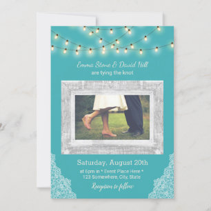 Turquoise String Lights & Lace Wedding Photo Invitation