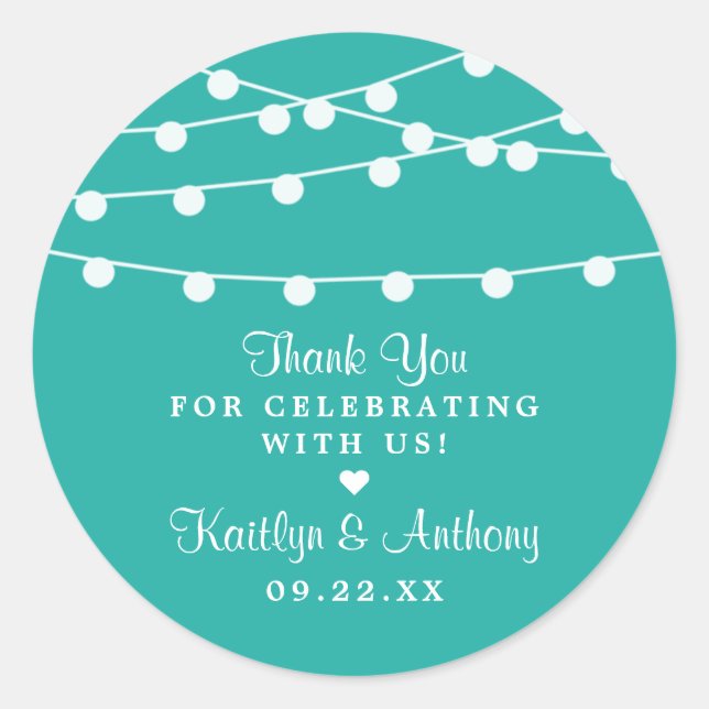 Turquoise String Lights Wedding Favour Classic Round Sticker (Front)