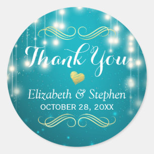 Turquoise String Lights Wedding Favour Thank You Classic Round Sticker