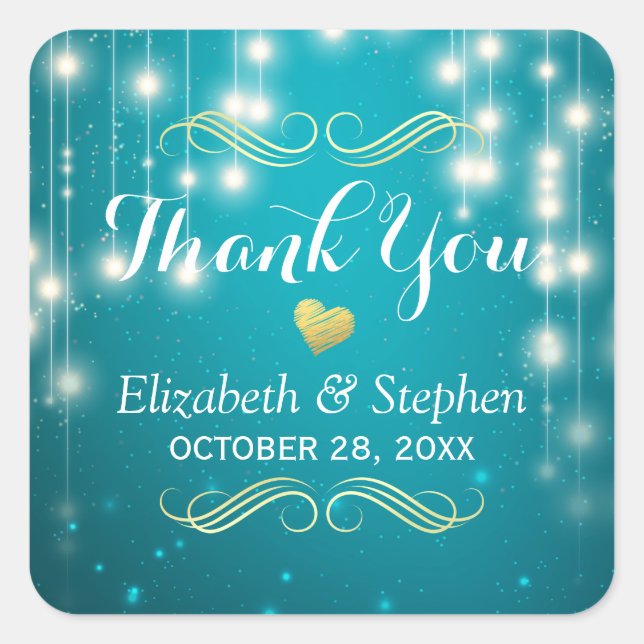 Turquoise String Lights Wedding Favour Thank You Square Sticker (Front)