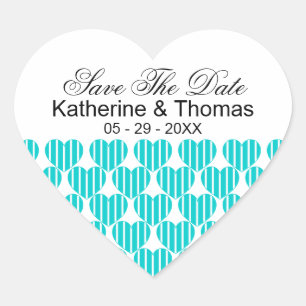 Turquoise Striped Hearts Save The Date Stickers