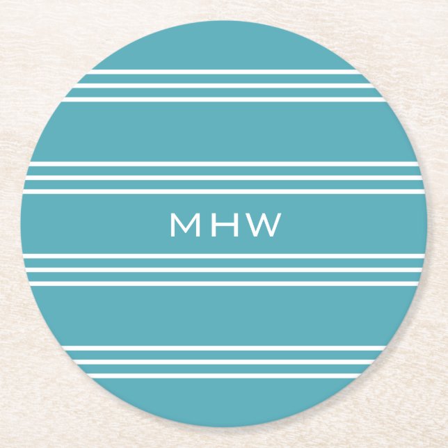 Turquoise Stripes custom monogram paper coasters (Front)