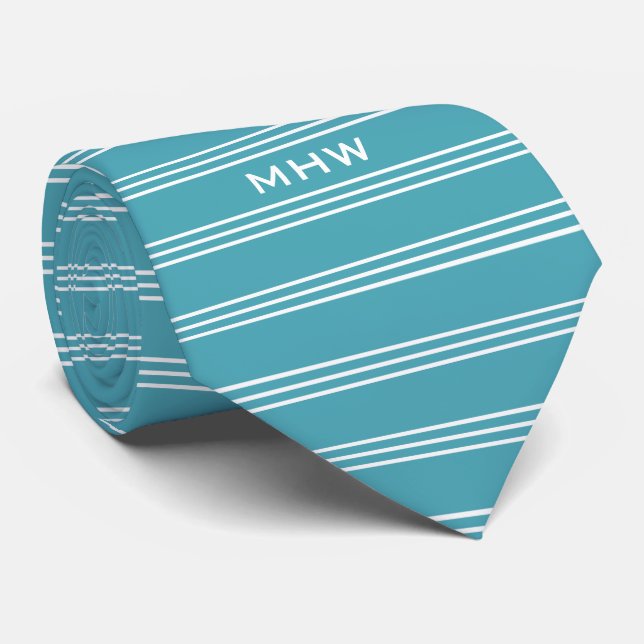 Turquoise Stripes custom monogram tie (Rolled)