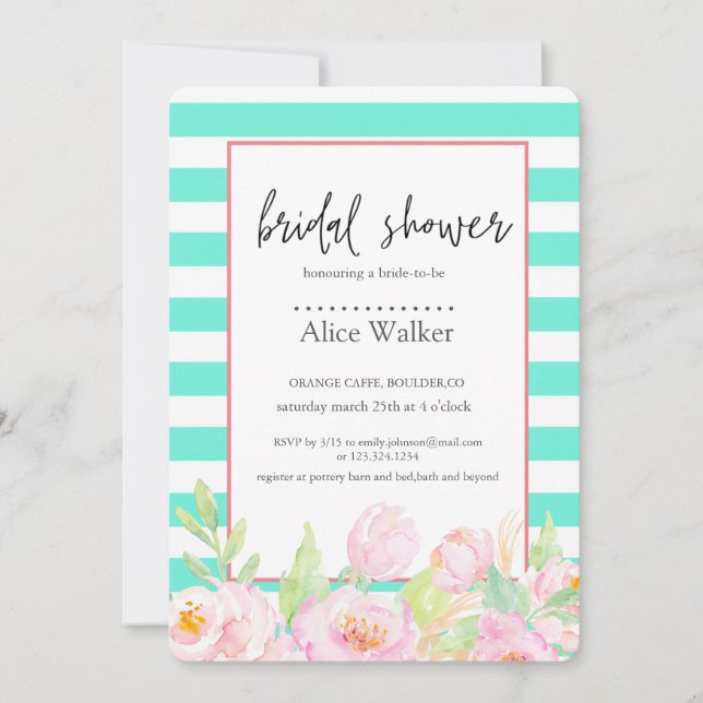 Turquoise Stripes with Peonies Bridal Shower Card (Front)