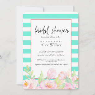 Turquoise Stripes with Peonies Bridal Shower Card