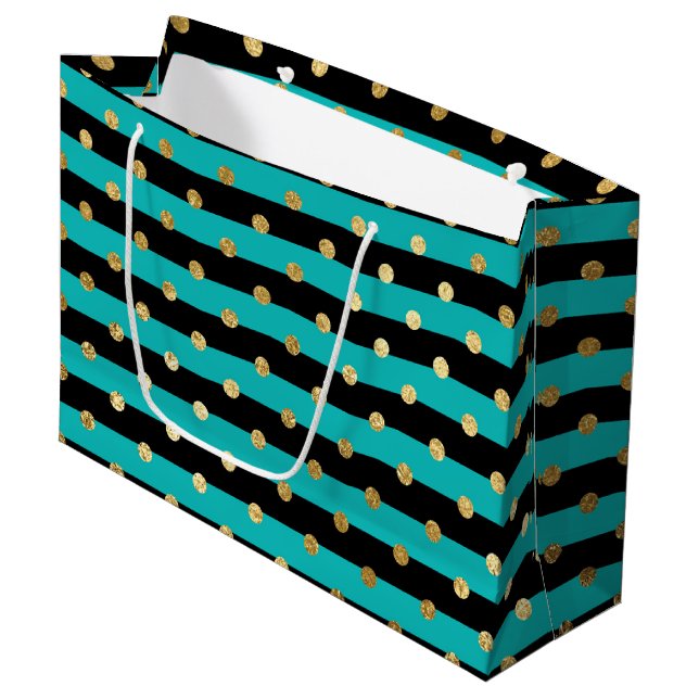 Turquoise Stripes with Polka Dots Birthday Party Large Gift Bag (Front Angled)