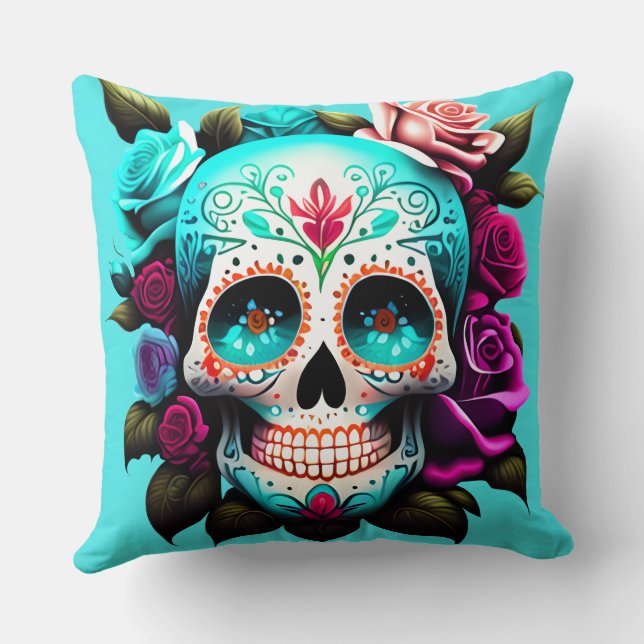 Turquoise Sugar Skulls Cushion (Back)