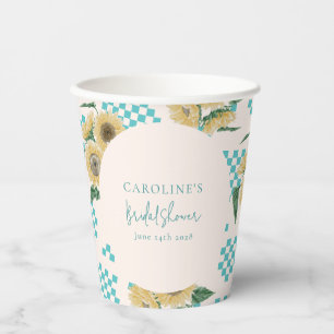 Turquoise Sunflower Chequerboard Bridal Shower Paper Cups