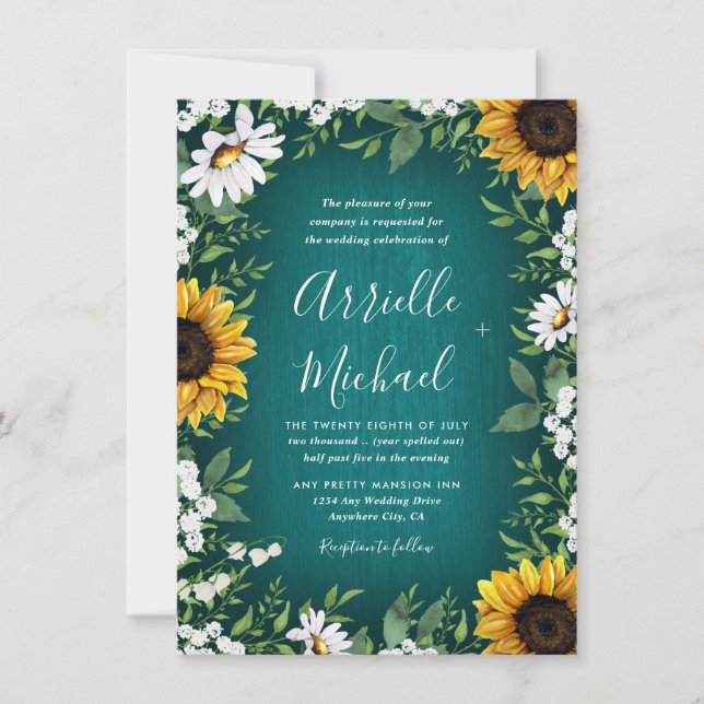 Turquoise Sunflower Rustic Wedding Invitations (Front)
