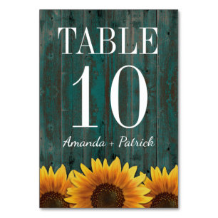 Turquoise Sunflower Wedding Table Number Cards