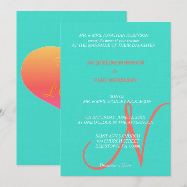 Turquoise Sunset Heart Monogram Invitation (Front/Back)