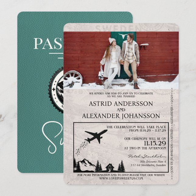 Turquoise Sweden Passport Wedding Invitation (Front/Back)