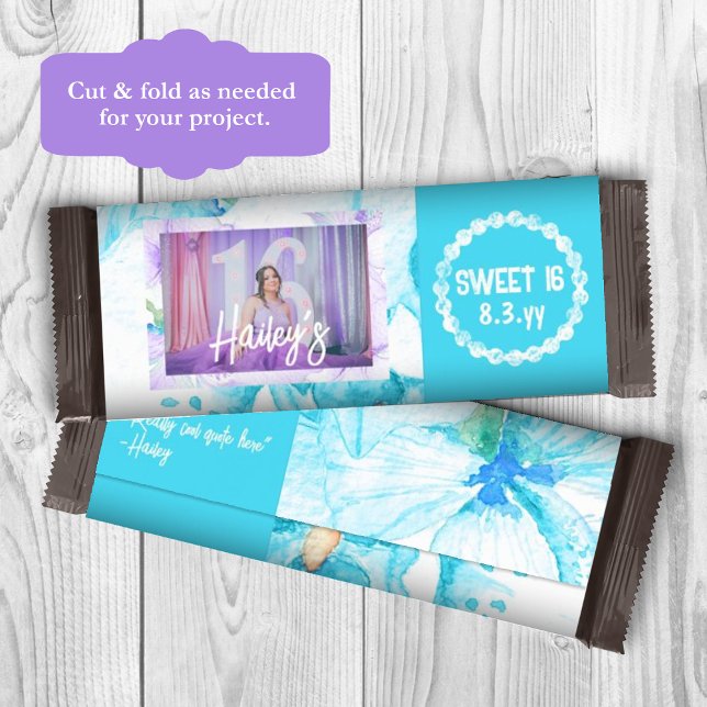 Turquoise Sweet 16 Personalised Candy Bar Wrapper (teal-blue sweet 16 personalized chocolate candy bar wrapper, birthday photo and name custom label)