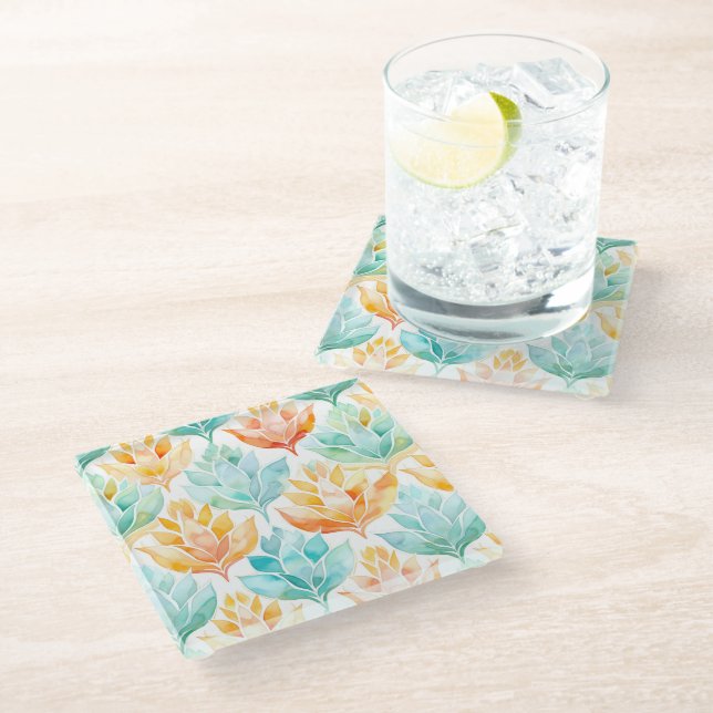 Turquoise Tangerine Abstract Floral Bridal Shower Glass Coaster (Angled)
