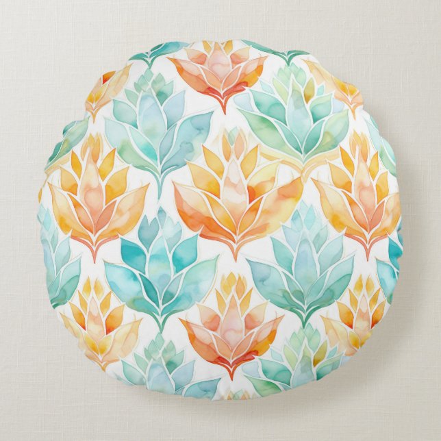 Turquoise Tangerine Abstract Floral Round Cushion (Front)