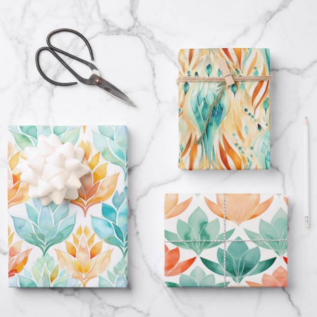 Turquoise Tangerine Abstract Jewel Floral Wrapping Paper Sheet (Front)
